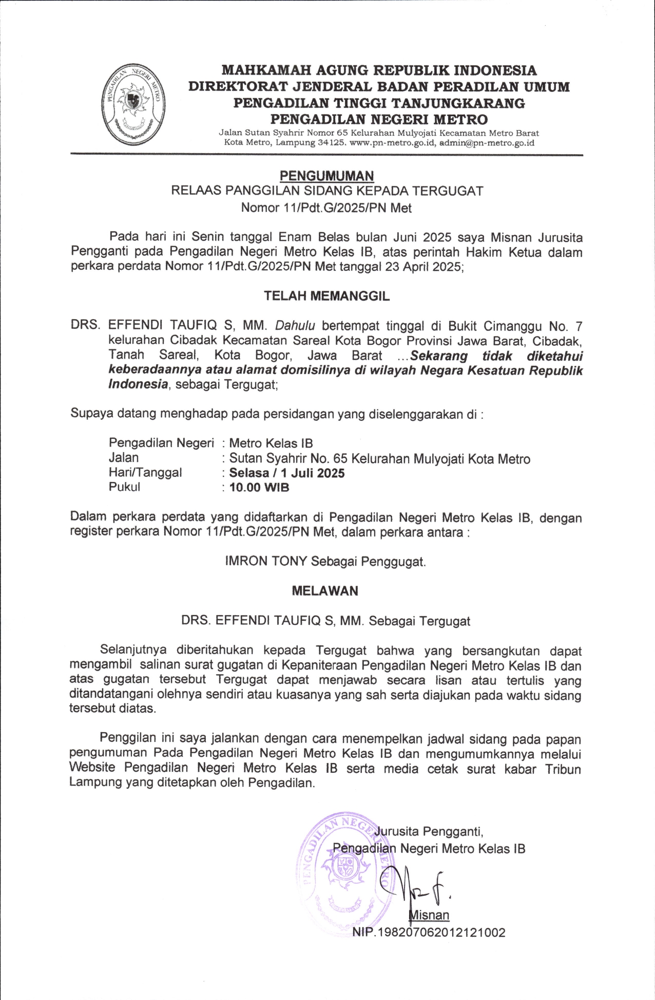 Panggilan Umum sidang tgl. 1 juli kepada tergugat Perkara No. 11 page 0001