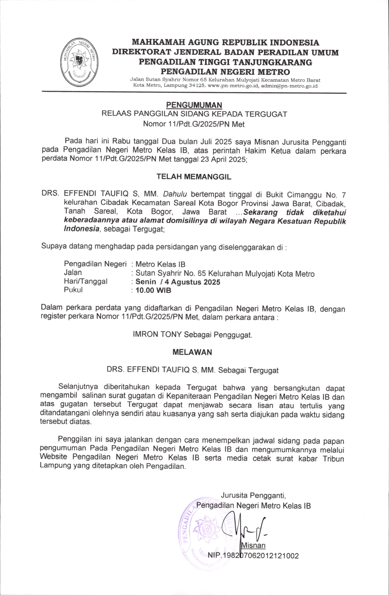 Relaas Panggilan Effendi No.11.Pdt.G.2025