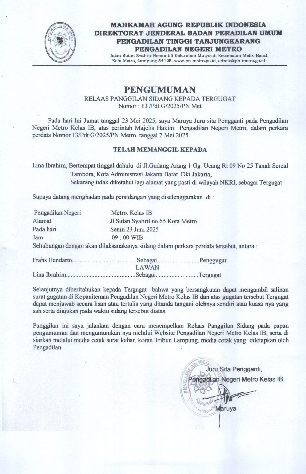 Relaas Panggilan Lina 23 Mei 2025 No 13 Pdt
