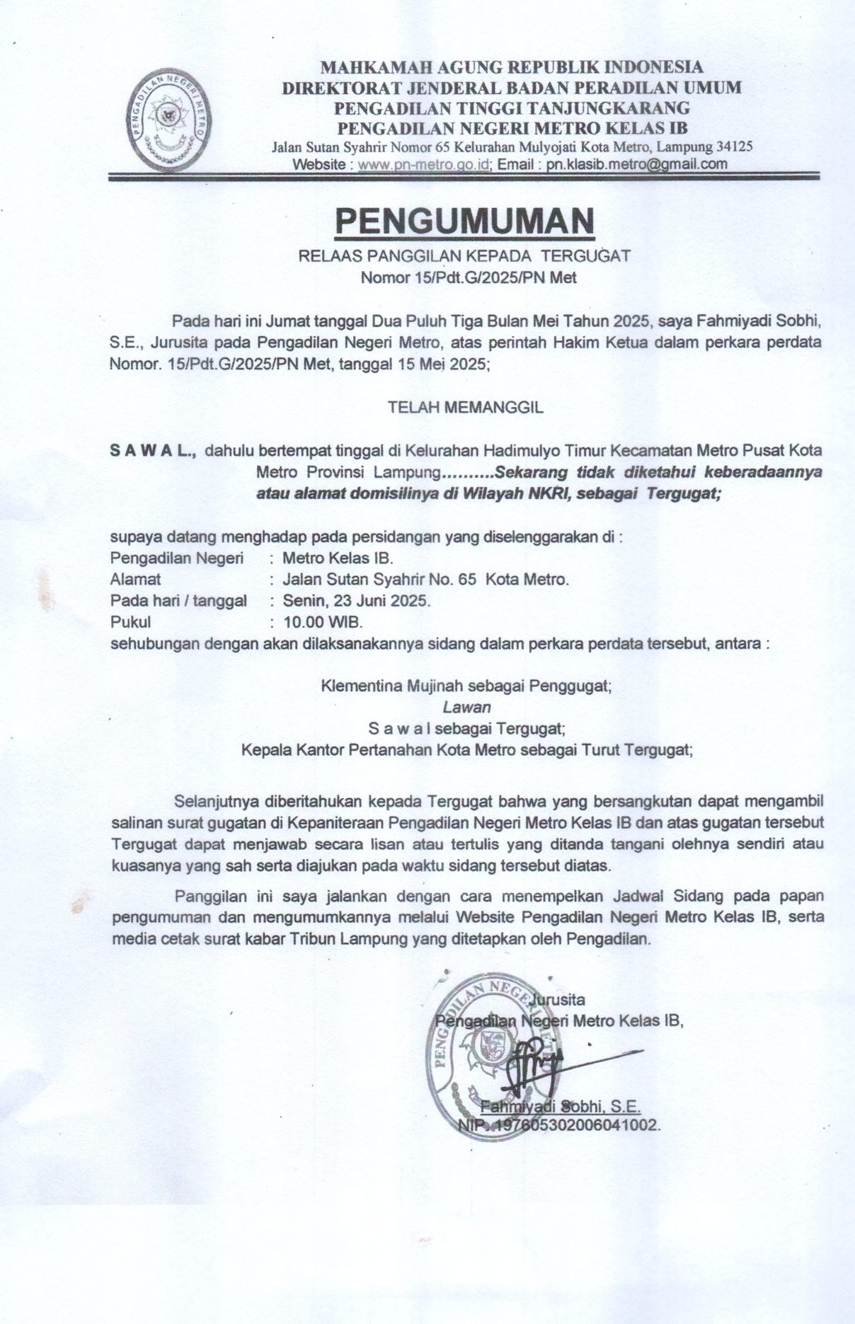 Relaas Panggilan Sawal 23 Mei 2025 No 15 Pdt